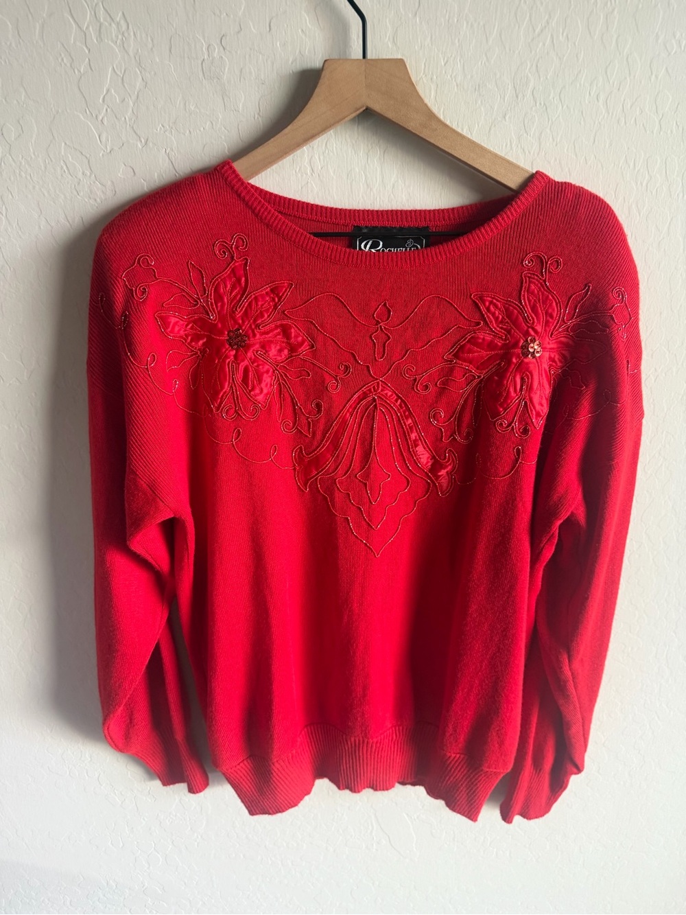 VTG Rochelle California Red Poinsettia Embroidered Women's Sweater L Holiday 90s